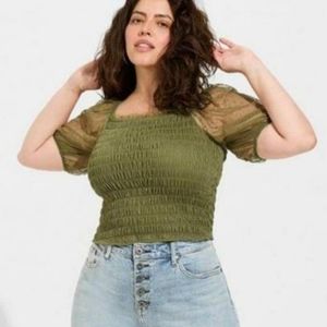 Torrid Dot Mesh Square Neck Smocked Crop Top 1X